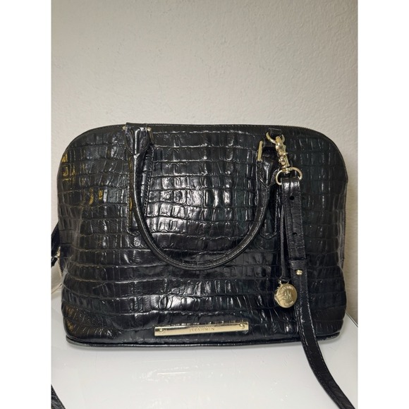 Brahmin Hudson Satchel Black Melbourne with Crossbody Strap Zip Around Croc Chic - Picture 2 of 16